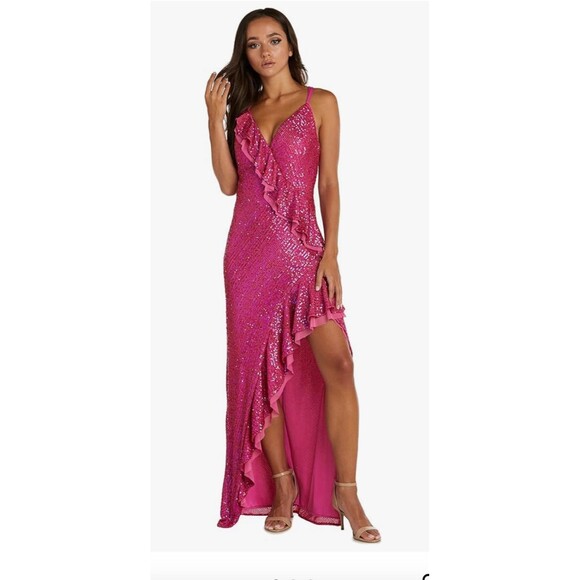 MORGAN AND CO. Long Hi-Lo Sequined Dress‎ W/V-Neck, Ruffle Draped Size 1 - Picture 1 of 15